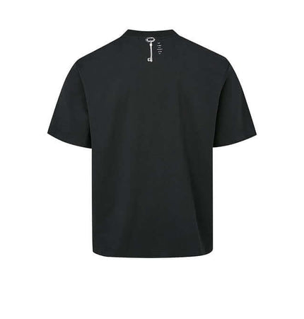 Drop Shoulder Printed TShirt – Loose Fit in black, showcasing the back design with a stylish zip detail.