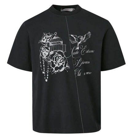 Drop Shoulder Printed TShirt – Loose Fit featuring creative graphic design on a black background.