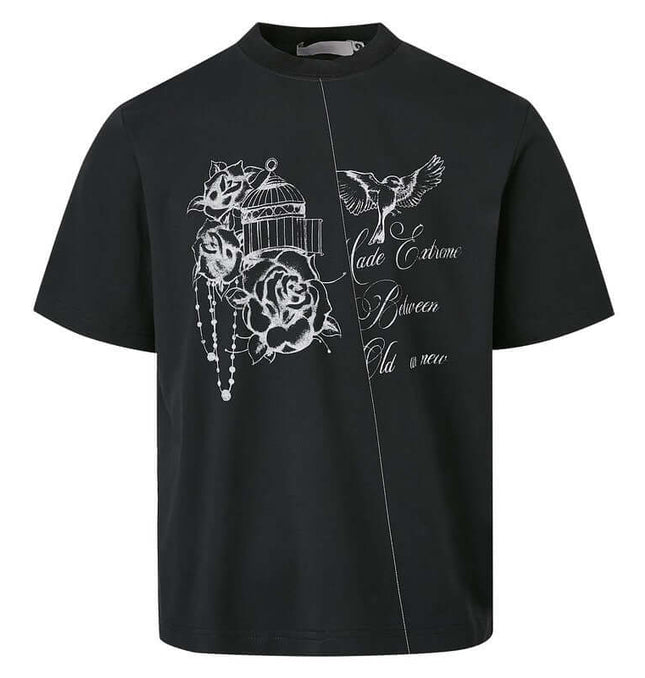 Drop Shoulder Printed TShirt – Loose Fit featuring creative graphic design on a black background.