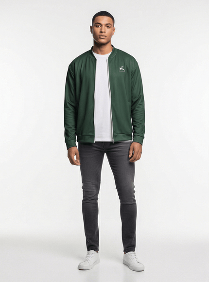 Model wearing bomber jacket by Grozavu