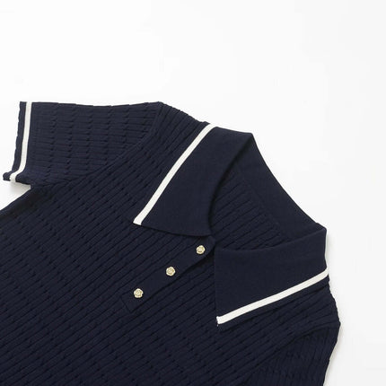 Eight-Strand Braided Knit Top – Loose Fit featuring a navy blue polo collar and textured knit design.