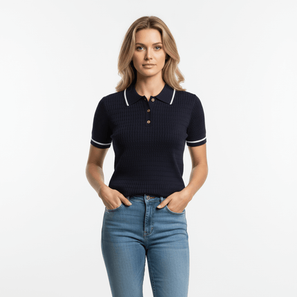 Eight-Strand Braided Knit Top – Loose Fit worn by a model, showcasing its modern design and relaxed fit in navy blue.