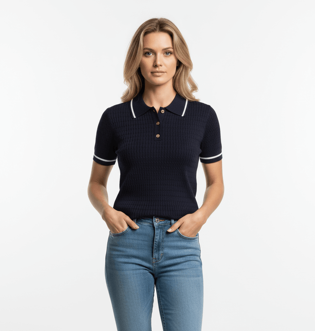 Eight-Strand Braided Knit Top – Loose Fit worn by a model, showcasing its modern design and relaxed fit in navy blue.