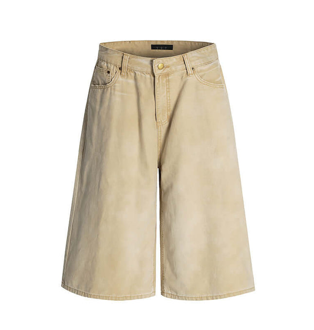 Elastic Waist Denim Shorts – Straight Fit in a light beige color with a relaxed fit for summer style.