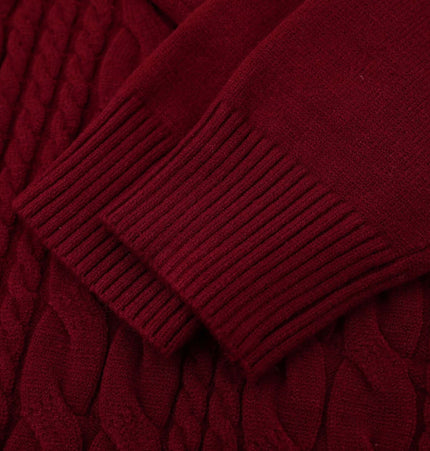 Embroidered Cable Knit VNeck Sweater close-up of sleeve and cable-knit pattern.