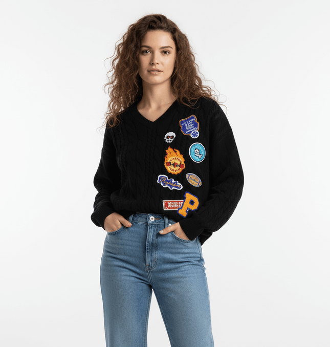 Embroidered Cable Knit VNeck Sweater featuring patches, long sleeves, and relaxed fit for a stylish streetwear look.