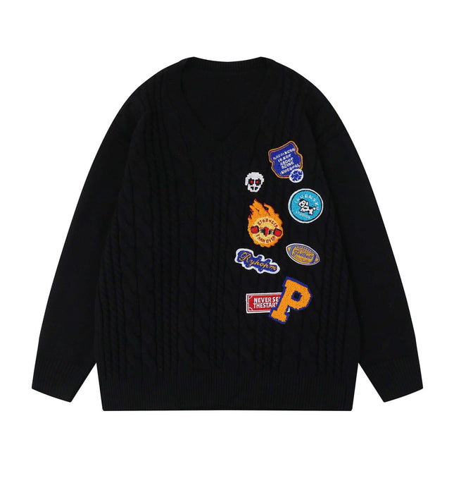 Embroidered Cable Knit VNeck Sweater