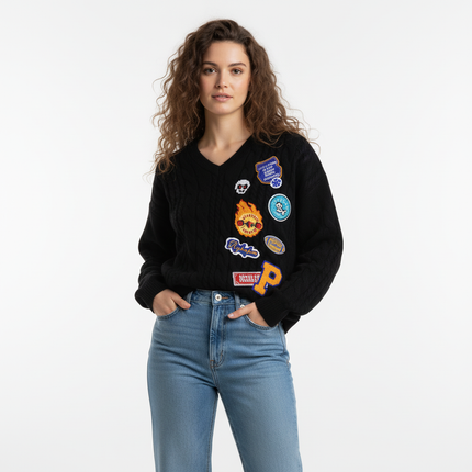 Embroidered Cable Knit VNeck Sweater