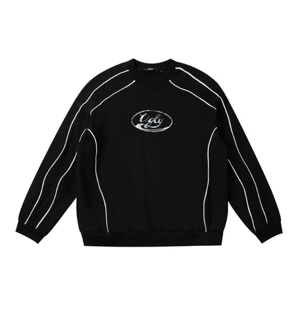 Embroidered Distressed Sweatshirt featuring a black design with white stitching details and a graphic logo.