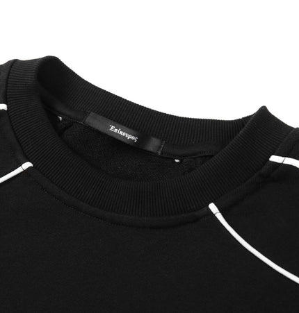Embroidered Distressed Sweatshirt close-up of round neck and details, showcasing black fabric with white trim.