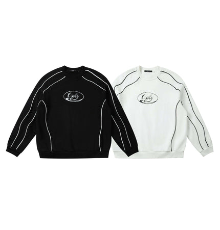 Embroidered Distressed Sweatshirt in black and white, featuring unique stitching details for urban style.