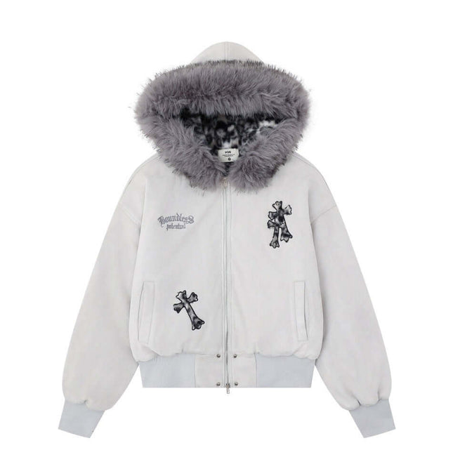 Embroidered Hooded Coat – Loose Fit with cross embroidery and fur collar, perfect for stylish winter warmth.