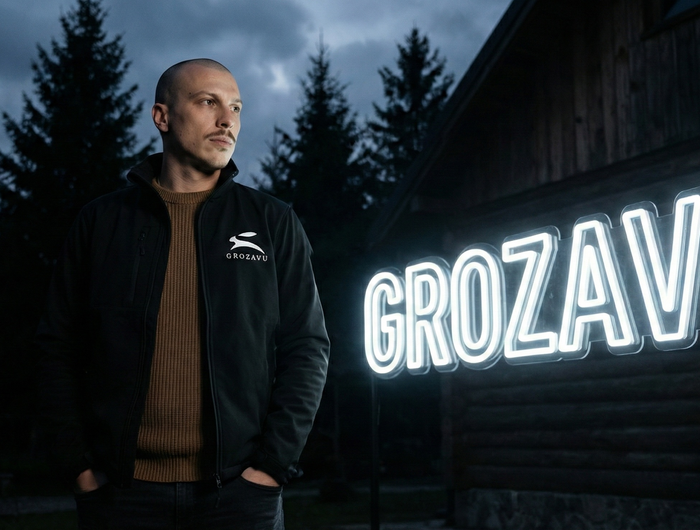 Model posing in an emerald green satin evening gown featuring the elegant Grozavu logo near the hem.