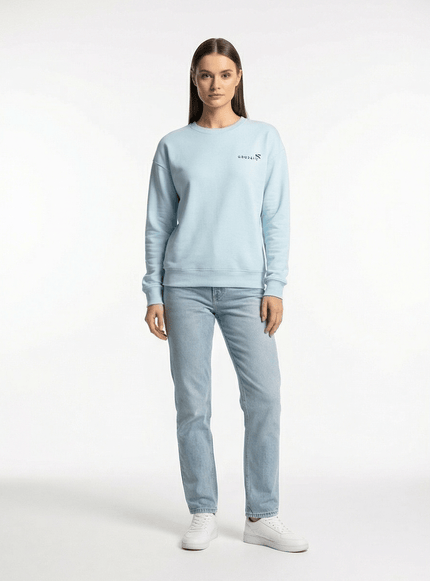 Model wearing structured drop-shoulder sweatshirt by Grozavu