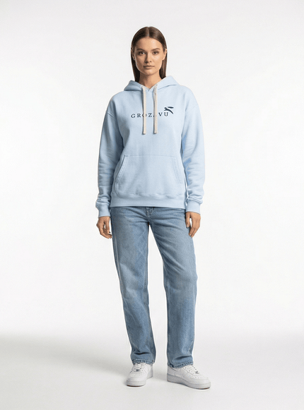 Model wearing washed oversized hoodie by Grozavu