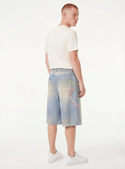 Back view of Blue cartoon chain print wide shorts by Grozavu