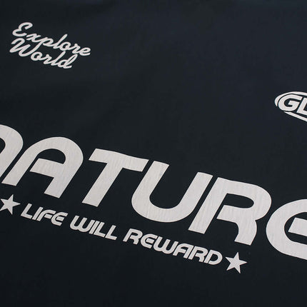 Long Sleeve Tactical TShirt featuring Explore World and Nature Life Will Reward design on a black background.