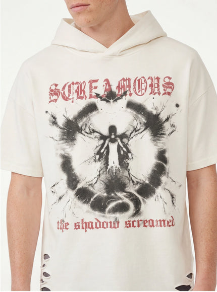 Back view of Black dark print distressed hooded top by Grozavu