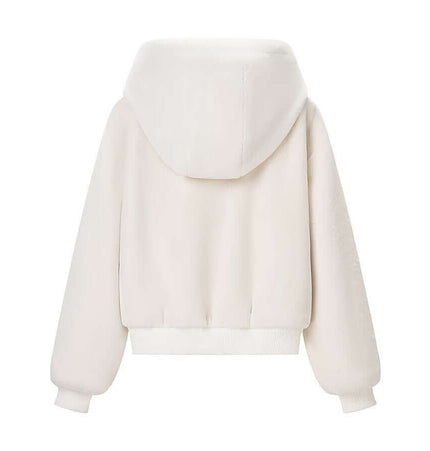 Back view of a cozy Faux Fur Hooded Winter Coat for women in a clean solid color design.