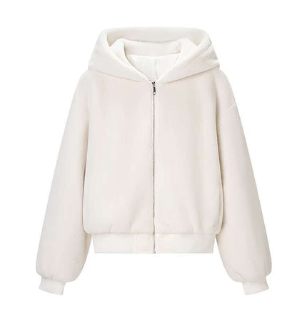 Faux Fur Hooded Winter Coat in white with a cozy design and loose fit silhouette for women's winter fashion.