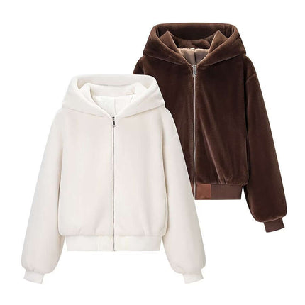 Faux Fur Hooded Winter Coat in white and brown featuring trendy design and cozy fit.