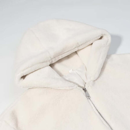 Faux Fur Hooded Winter Coat close-up of soft hood and zipper detail in cream color.