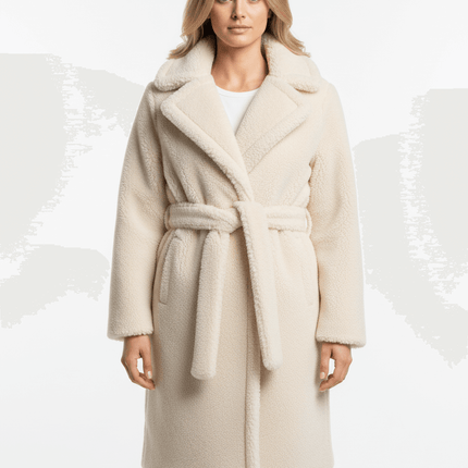Faux Fur Waistcoat Jacket – Slim Fit in elegant white with a belted waist and turn-down collar for winter style.