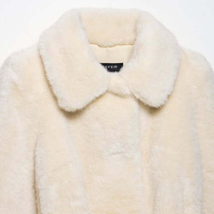 Faux Fur Waistcoat Jacket – Slim Fit featuring a soft beige color and elegant turn-down collar.