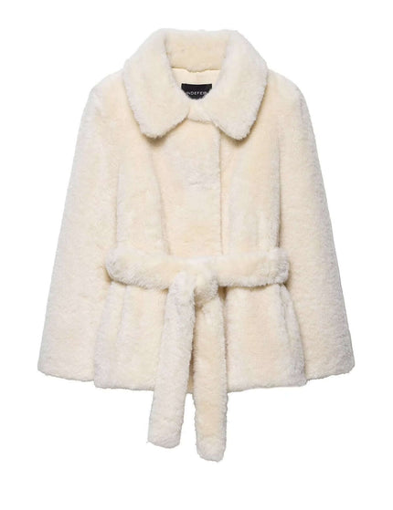 Faux Fur Waistcoat Jacket – Slim Fit in classic white with turn-down collar and belted waist, offering elegant winter style.