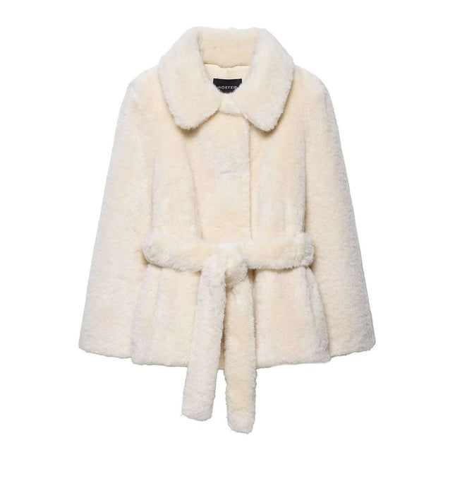 Faux Fur Waistcoat Jacket – Slim Fit in classic white with turn-down collar and belted waist, offering elegant winter style.