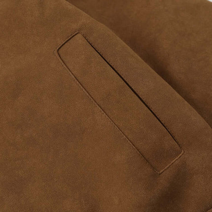 Faux Suede Fur Collar Jacket – Loose Fit close-up of the soft brown fabric and pocket detail.