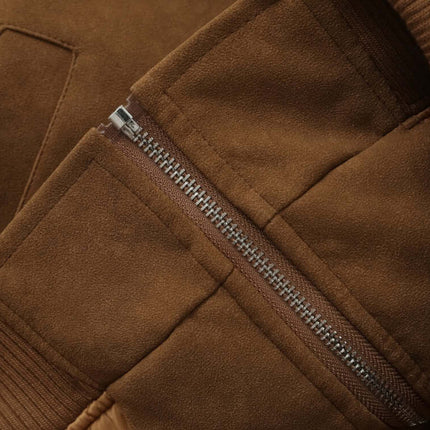 Close-up view of the zipper and fabric detail on the Faux Suede Fur Collar Jacket – Loose Fit.