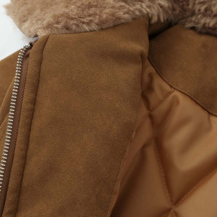 Faux Suede Fur Collar Jacket – Loose Fit interior detail showing plush lining and zipper.