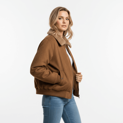 Faux Suede Fur Collar Jacket – Loose Fit modeled by a woman, featuring a stylish fur collar and relaxed fit.