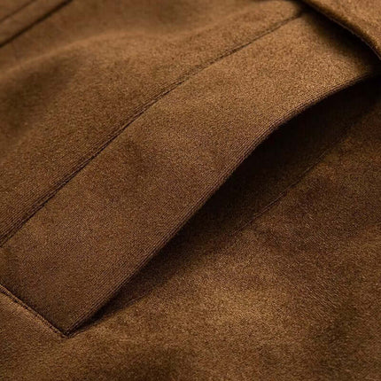 Faux Suede Stand Collar Jacket – Loose Fit close-up of the soft brown fabric texture and pocket design.