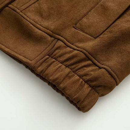 Faux Suede Stand Collar Jacket – Loose Fit close-up of hem and pocket details