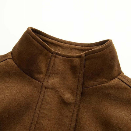 Faux Suede Stand Collar Jacket – Loose Fit close-up of collar in brown