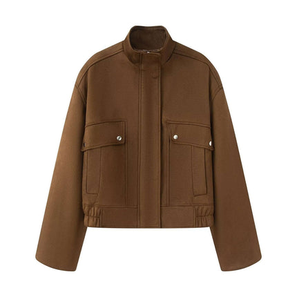 Faux Suede Stand Collar Jacket – Loose Fit in brown featuring a casual and relaxed silhouette with pockets.