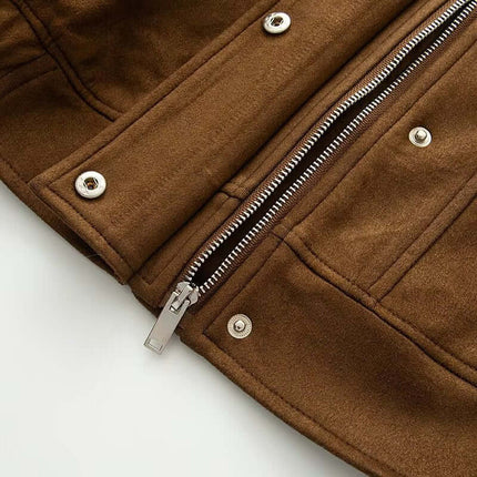Faux Suede Stand Collar Jacket – Loose Fit showing a detailed view of the zipper and button closure.