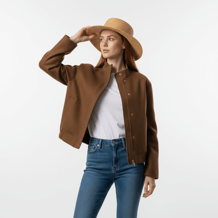 Faux Suede Stand Collar Jacket – Loose Fit worn by a woman against a light background, showcasing its stylish design.