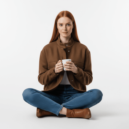 Woman wearing a Faux Suede Stand Collar Jacket – Loose Fit, sitting cross-legged holding a cup.