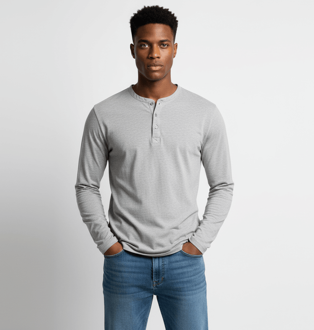 Fitted Long Sleeve Deconstructed TShirt on a model, showcasing a stylish gray design for modern streetwear.