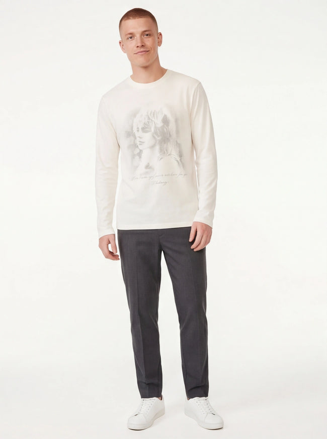 Model wearing White character printed t-shirt long sleeve by Grozavu