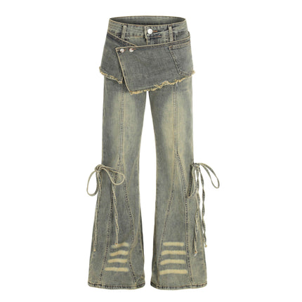 Flared Denim Style Casual Pants featuring a unique design with flared legs and decorative elements for a trendy look.