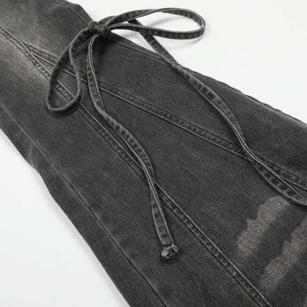 Flared Denim Style Casual Pants close-up of waistband and tie detail showcasing urban edgy design.