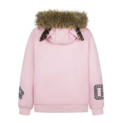 Fleece Lined Leopard Ears Hoodie featuring a pink design with leopard ear details and faux fur trim on the hood.