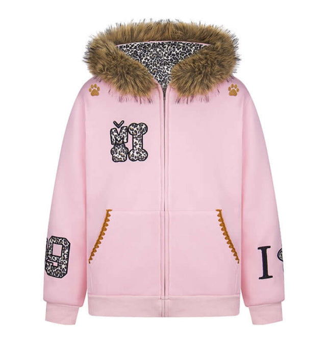 Fleece Lined Leopard Ears Hoodie featuring a pink color, leopard print accents, and a cozy fur-lined hood.