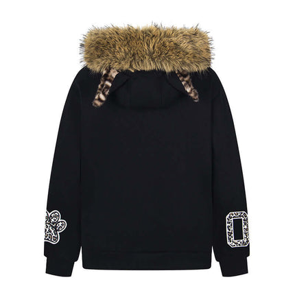 Sudadera con capucha forrada de felpa y orejas de leopardo