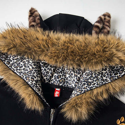 Sudadera con capucha forrada de felpa y orejas de leopardo