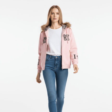 Fleece Lined Leopard Ears Hoodie featuring a playful leopard ear hood and cozy fleece-lined interior.